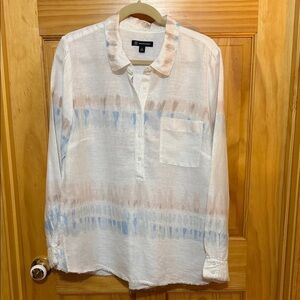 INC International Concepts White Popover Tunic Blue & Tan Tie-Dye & Fringe Hem